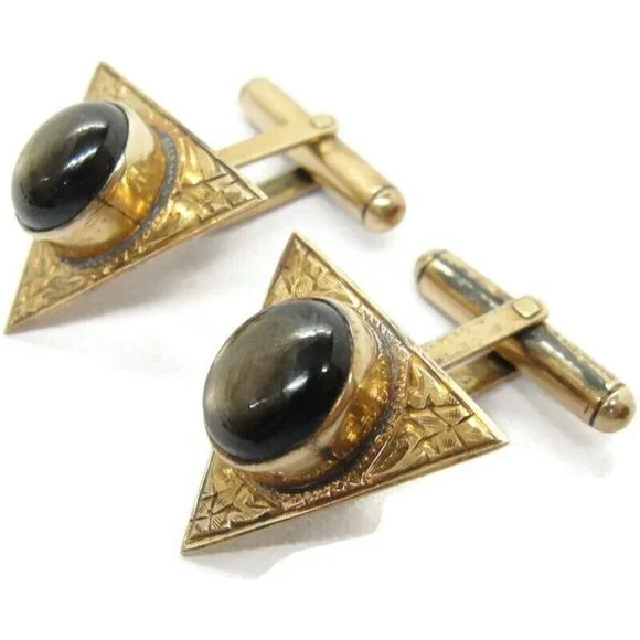 Vintage 10K Gold Black Star Sapphire Cufflinks Triangle Shape Beautiful